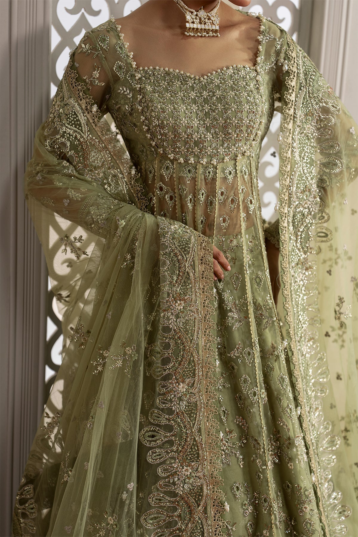 Theodora, made by MAIRAZ — light green pishwas, bodice and sleeve embroidery detail