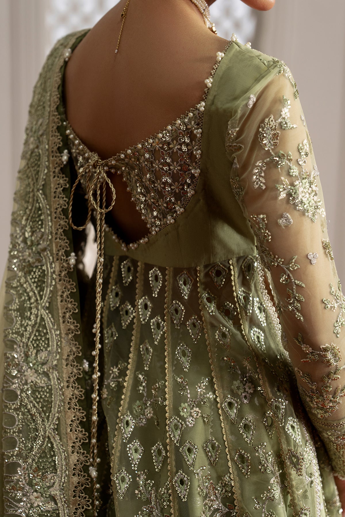 Theodora, made by MAIRAZ — light green pishwas, back neckline and dupatta detail