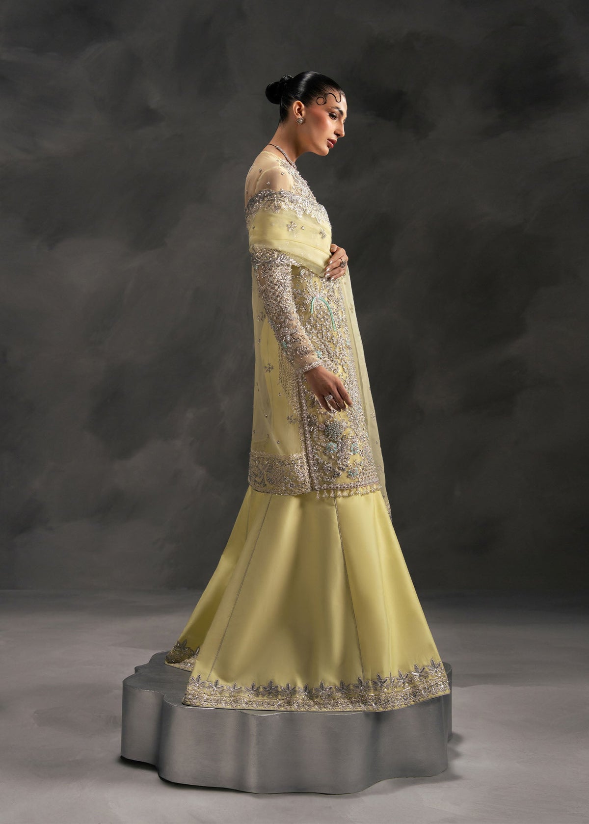 Ariana lime yellow long shirt with flared bottom, reference outfit photograph 2 — Made by Mairaz reproduction