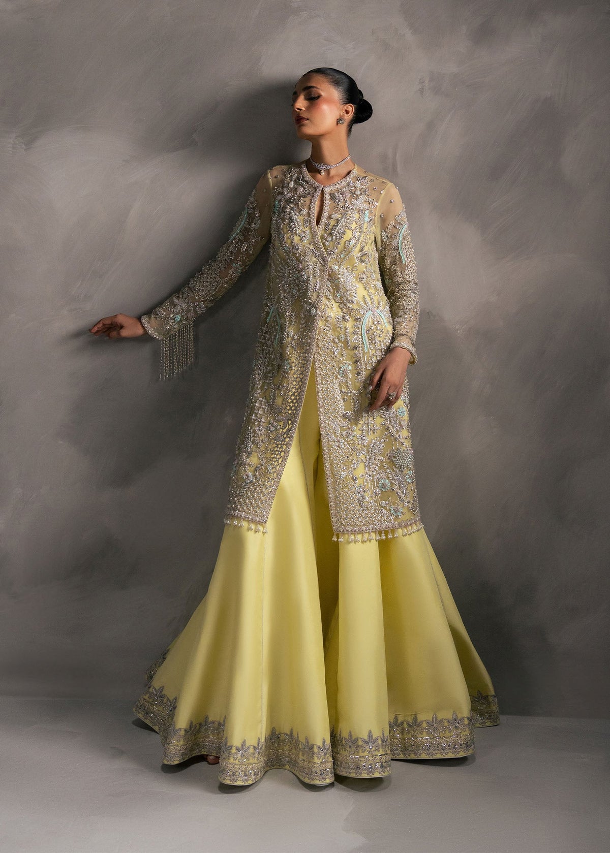 Ariana lime yellow long shirt with flared bottom, reference outfit photograph 6 — Made by Mairaz reproduction
