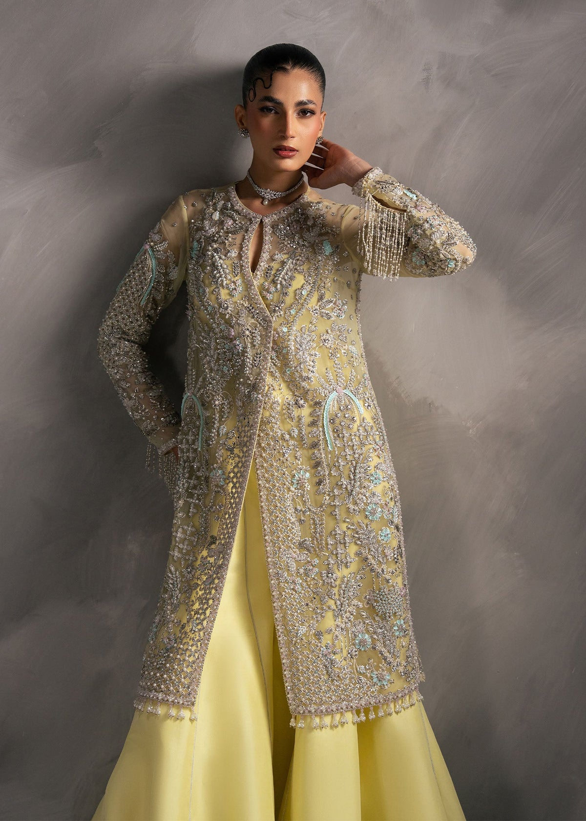 Ariana lime yellow long shirt with flared bottom, reference outfit photograph 7 — Made by Mairaz reproduction