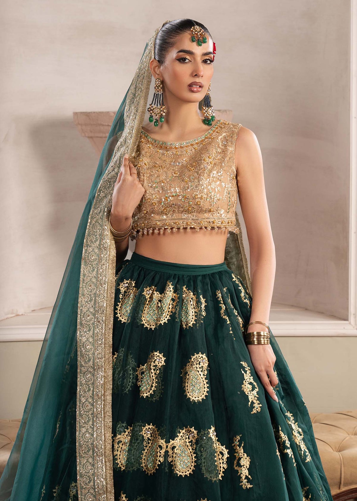 Aurelia bottle green lehenga choli, reference outfit photograph 2 — Made by Mairaz reproduction