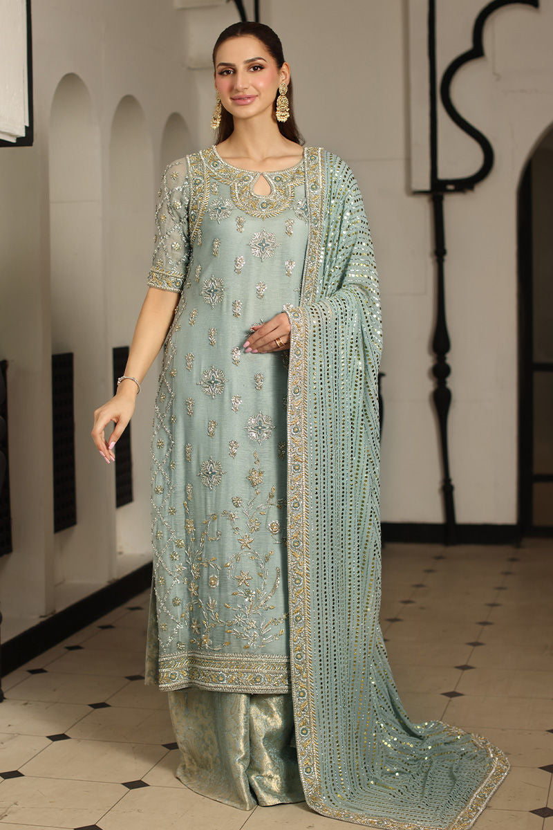 Buttercup Blue, made by MAIRAZ — full-length front view of the ice-blue shirt, jamawar pants and embellished dupatta