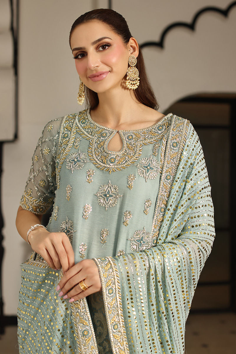 Buttercup Blue, made by MAIRAZ — front detail showing the keyhole neckline, sleeve embellishments and dupatta border