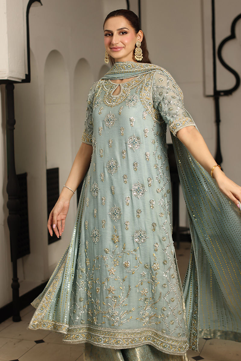 Buttercup Blue, made by MAIRAZ — movement view showing the shirt hem and draped dupatta
