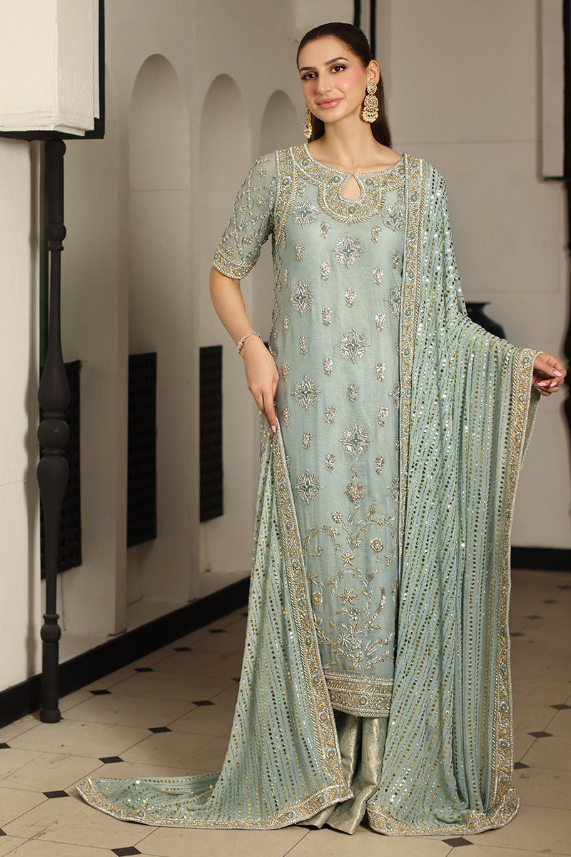 Buttercup Blue, made by MAIRAZ — full-length view with the dupatta spread to show its linear detailing