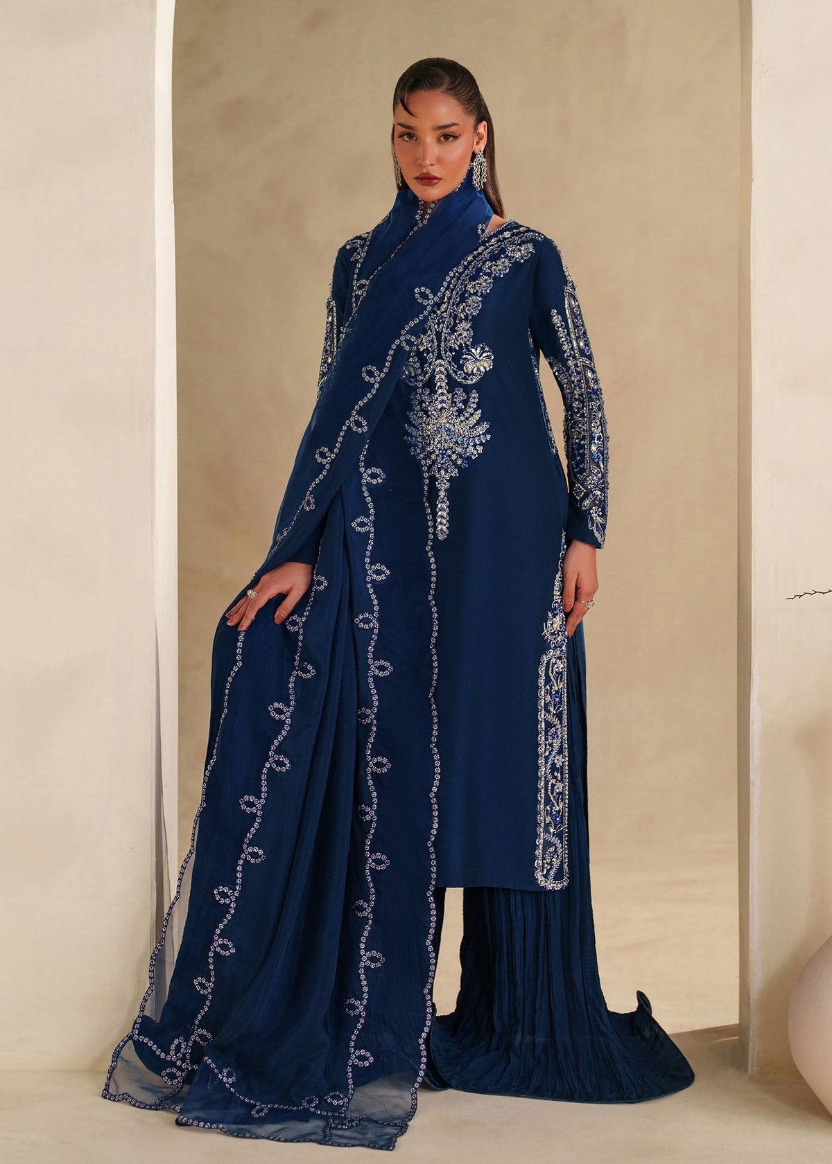 Chloe blue crushed-trouser suit, reference outfit photograph 8 — Made by Mairaz reproduction