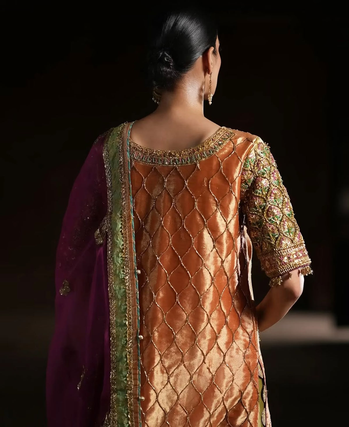 Copper Bloom, made by MAIRAZ — close-up of the embroidered back neckline, lattice pattern and sleeve