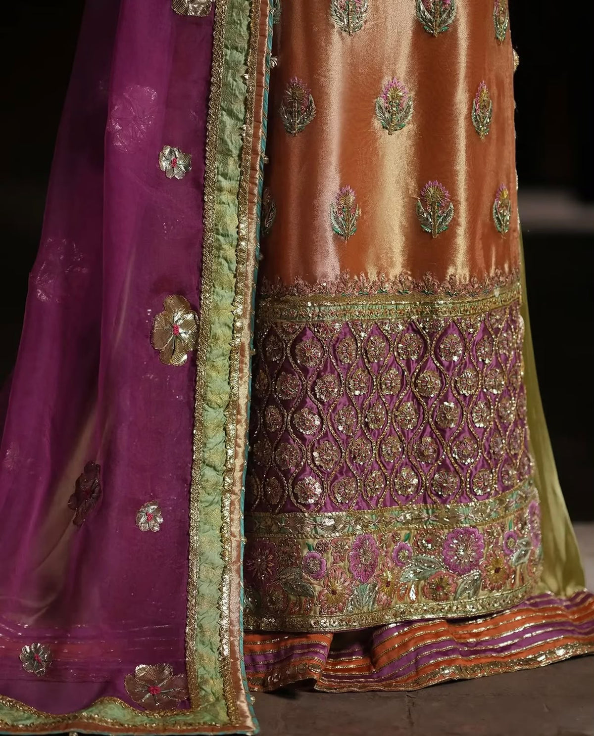 Copper Bloom, made by MAIRAZ — close-up of floral shirt motifs, purple embroidered hem and dupatta border