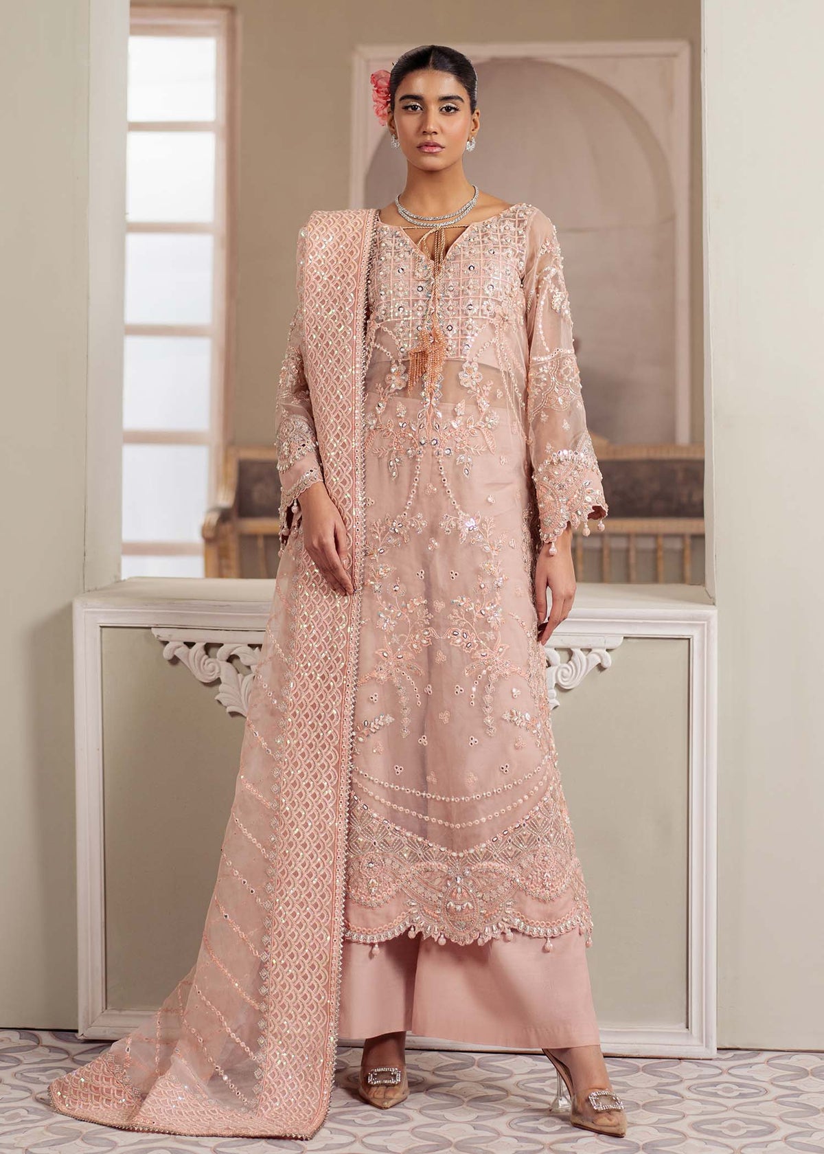 Chantilly, made by MAIRAZ — peach pink long shirt, full-length front view