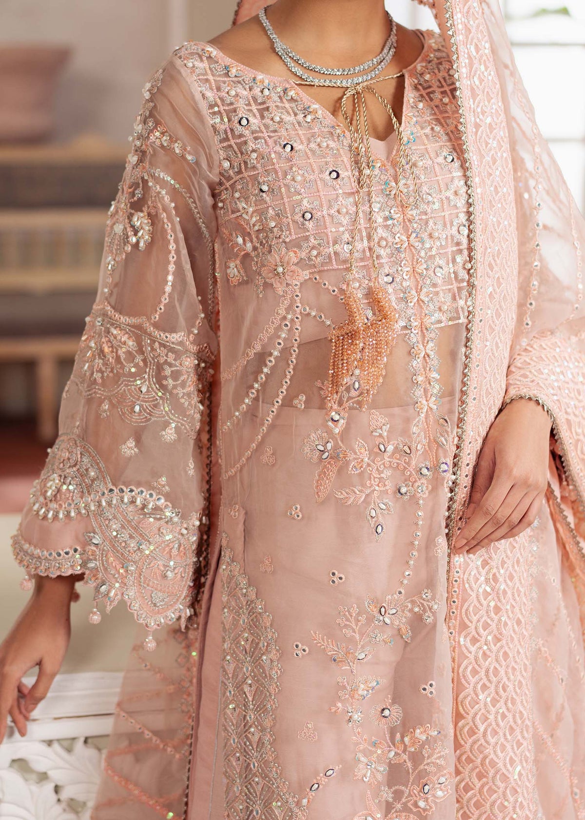 Chantilly, made by MAIRAZ — peach pink long shirt, sleeve and front embroidery detail