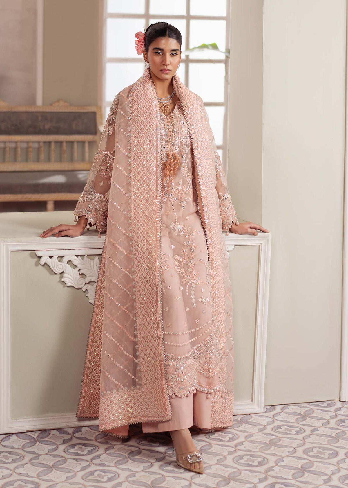 Chantilly, made by MAIRAZ — peach pink long shirt, three-quarter full-length view