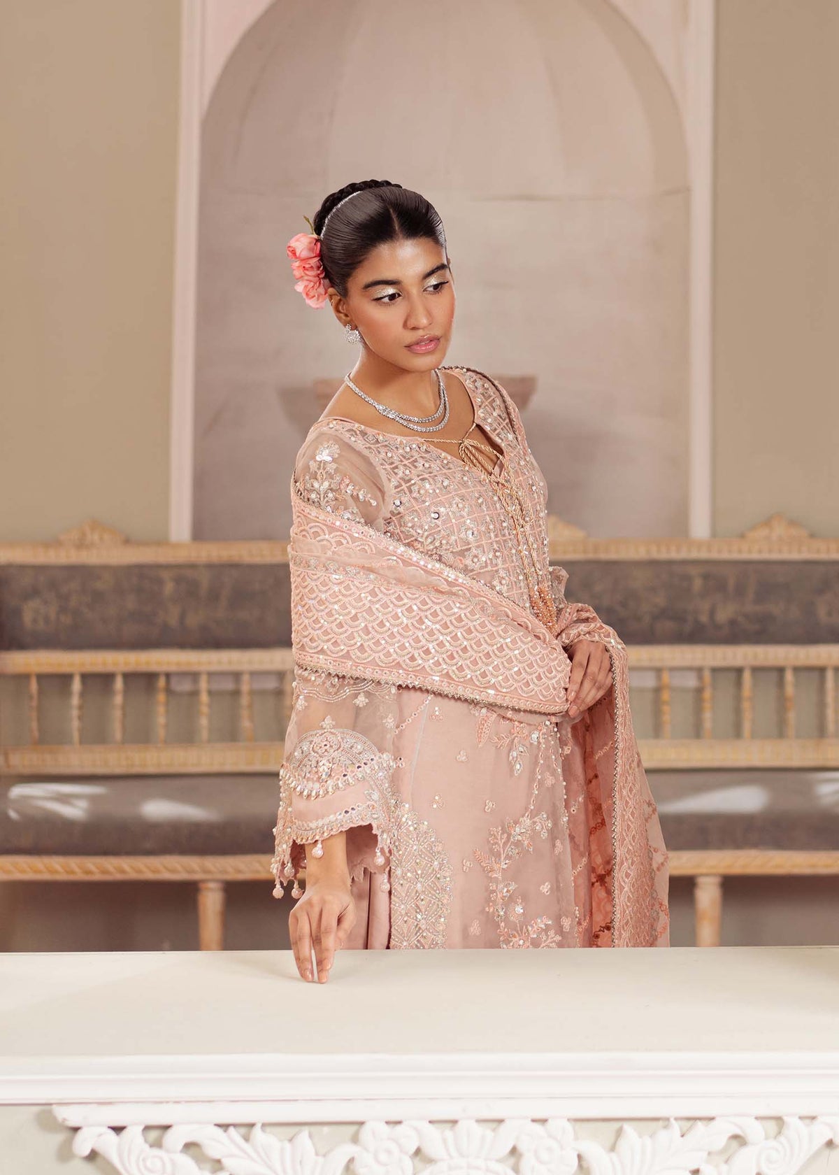 Chantilly, made by MAIRAZ — peach pink long shirt, upper-body view with dupatta