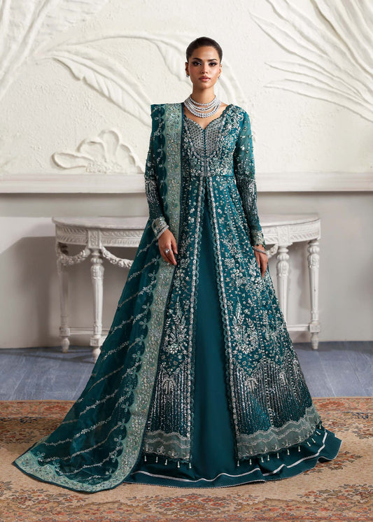 Eclat, made by MAIRAZ — teal green pishwas, full-length front view