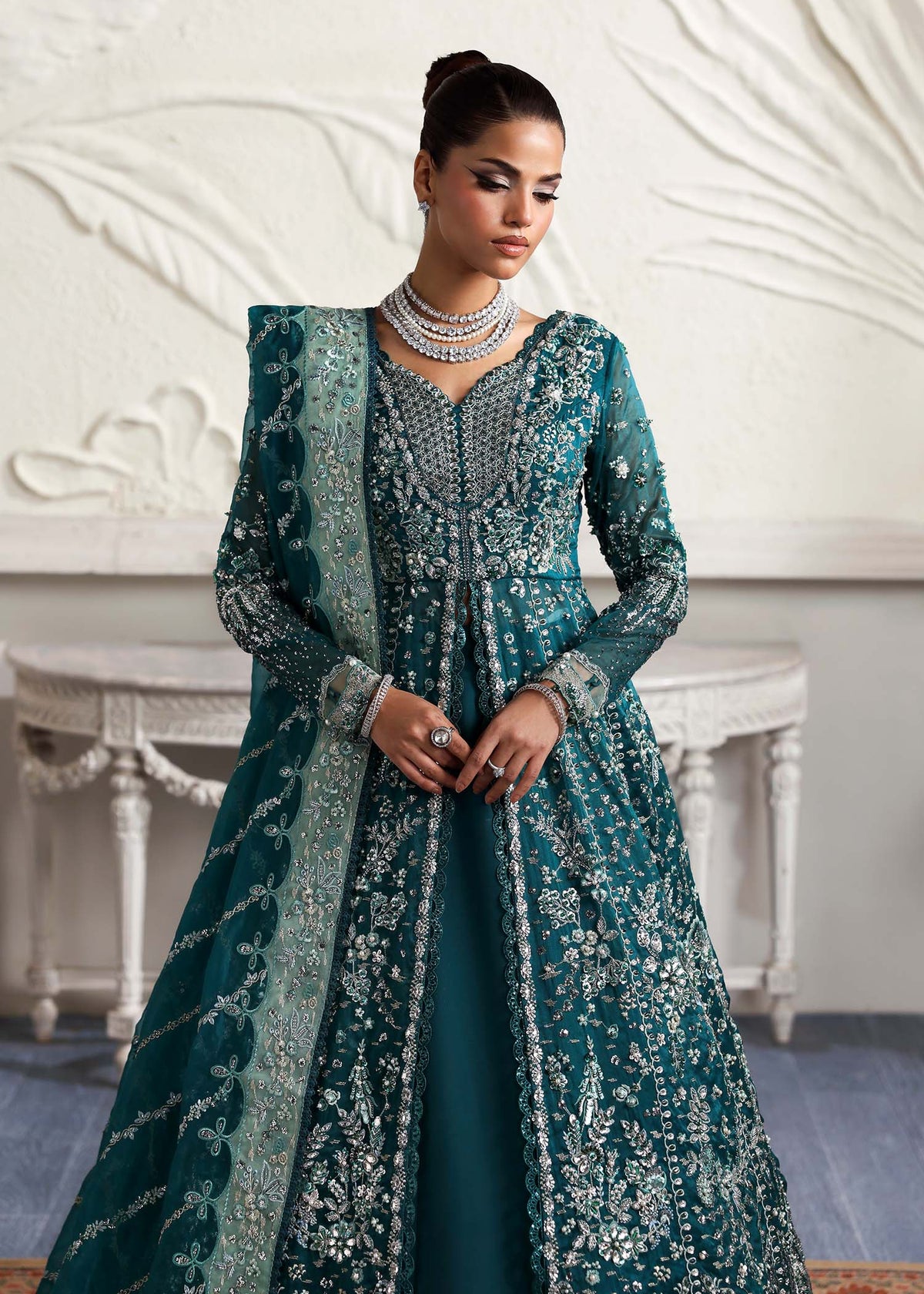 Eclat, made by MAIRAZ — teal green pishwas, bodice embroidery detail
