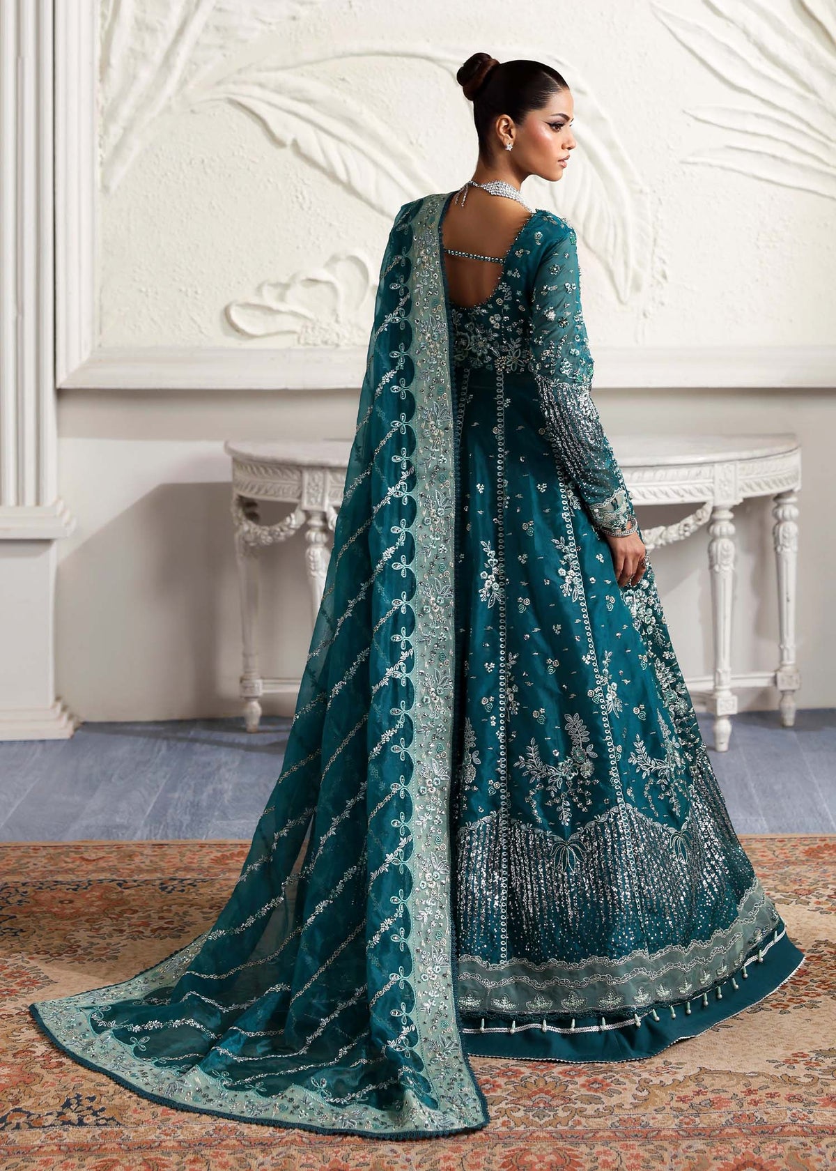 Eclat, made by MAIRAZ — teal green pishwas, rear view