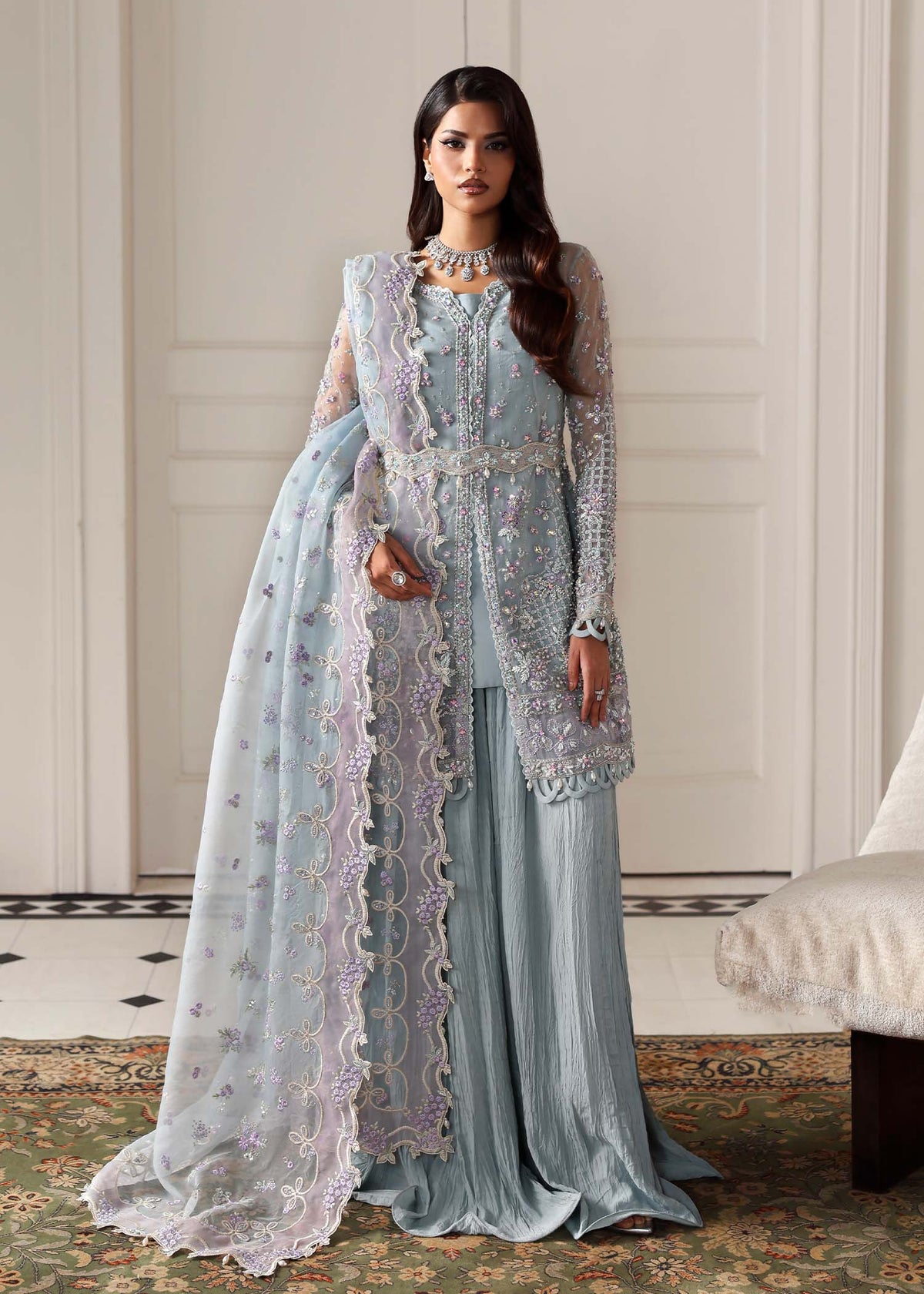 Eisley, made by MAIRAZ — celestial blue peplum, full-length front view