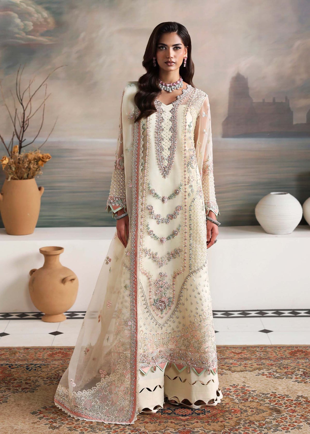 Elysian, made by MAIRAZ — opal white long shirt, full-length front view
