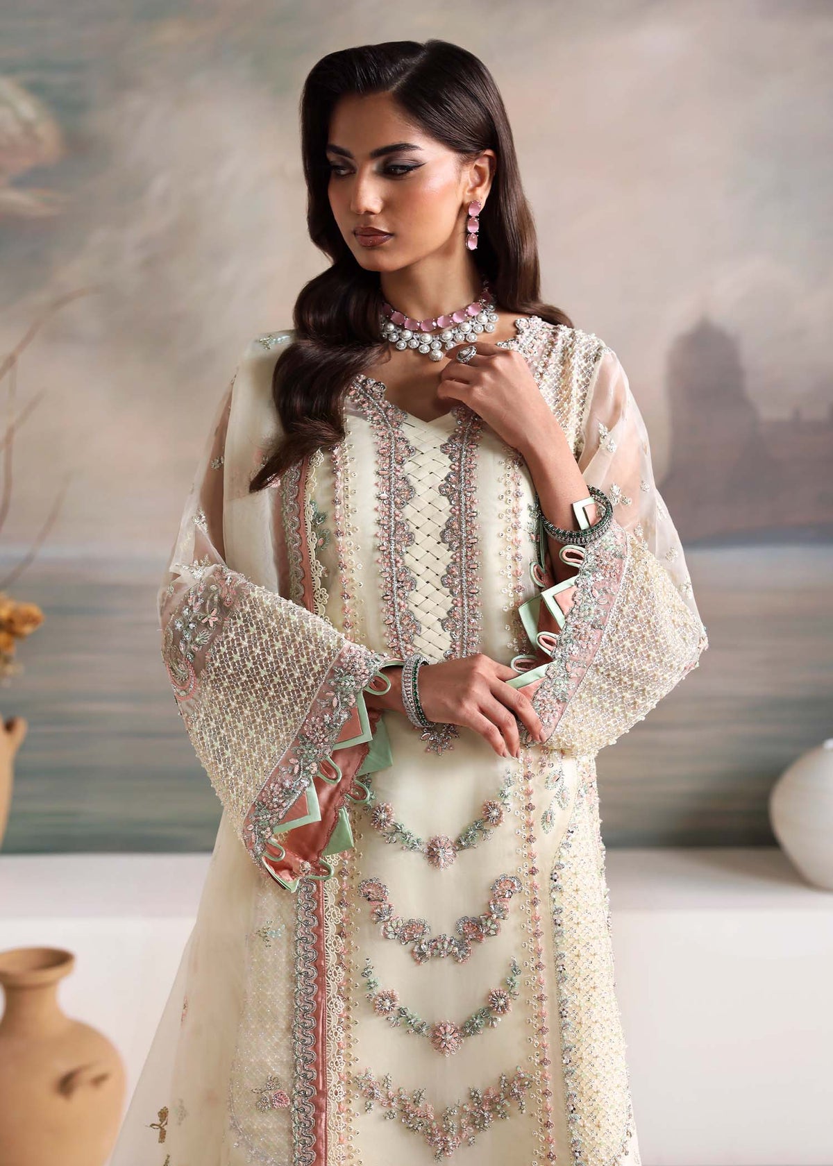 Elysian, made by MAIRAZ — opal white long shirt, neckline embroidery detail
