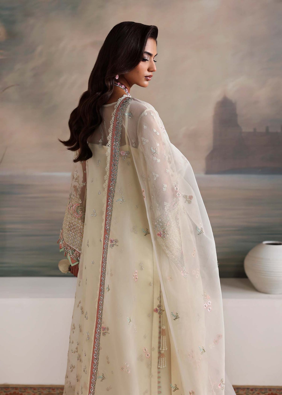 Elysian, made by MAIRAZ — opal white long shirt, rear view with dupatta