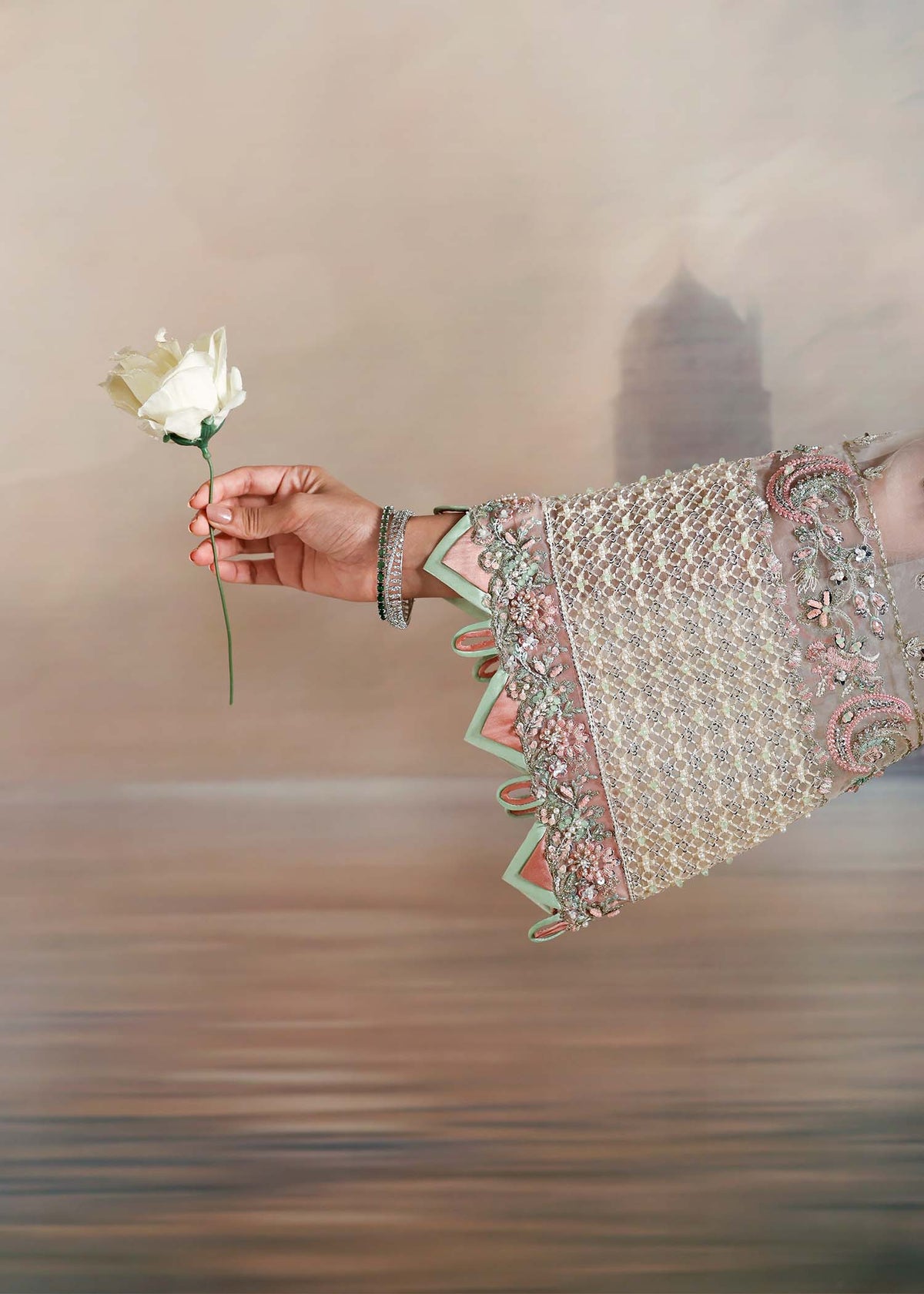 Elysian, made by MAIRAZ — opal white long shirt, bell-sleeve embroidery close-up