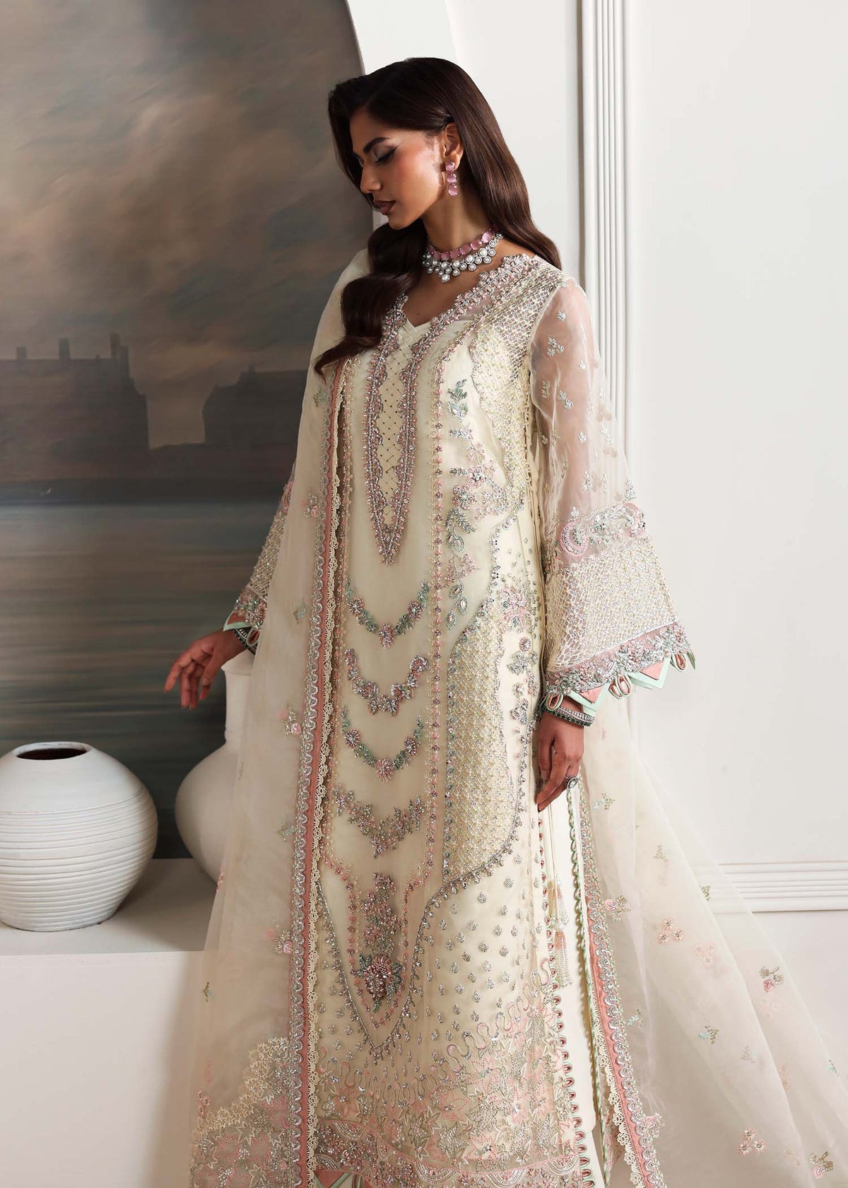 Elysian, made by MAIRAZ — opal white long shirt, side view with dupatta
