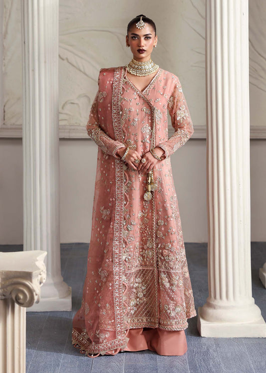 Elza, made by MAIRAZ — peach pink angrakha, full-length front view