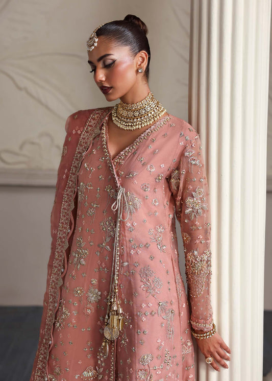 Elza, made by MAIRAZ — peach pink angrakha, neckline embroidery detail