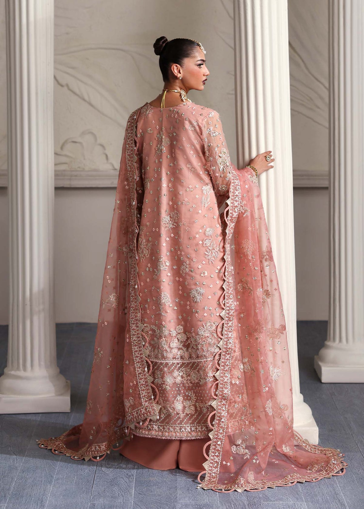 Elza, made by MAIRAZ — peach pink angrakha, rear view