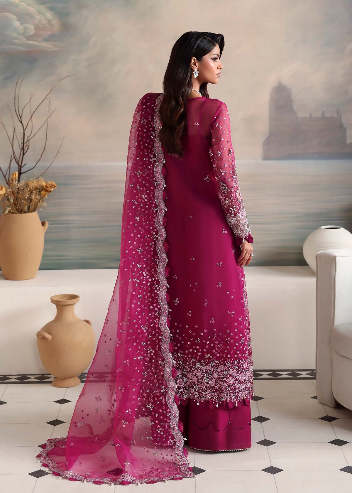 Emira, made by MAIRAZ — plum long shirt, rear view with dupatta