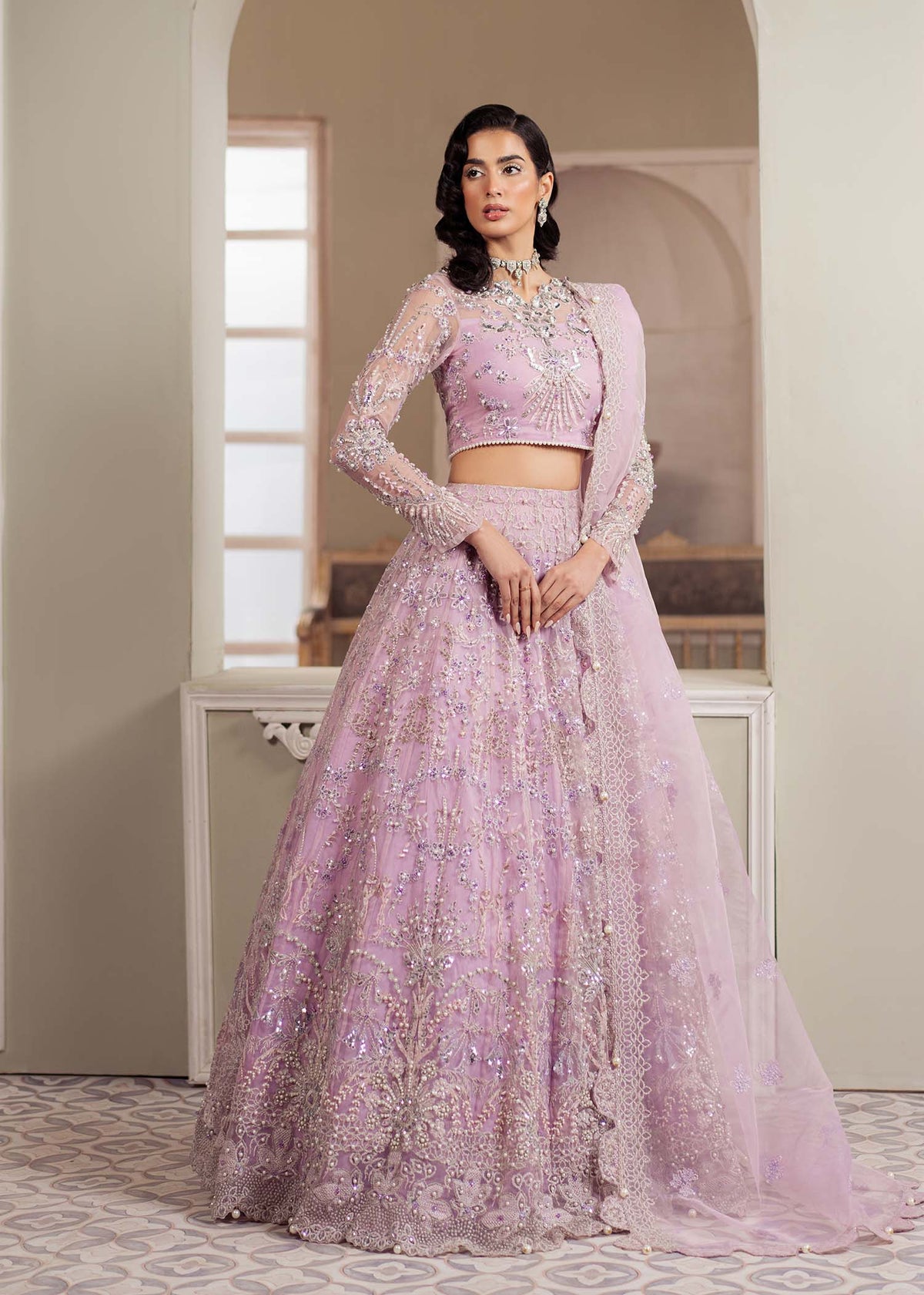 Lustre, made by MAIRAZ — lilac lehenga choli, full-length front view