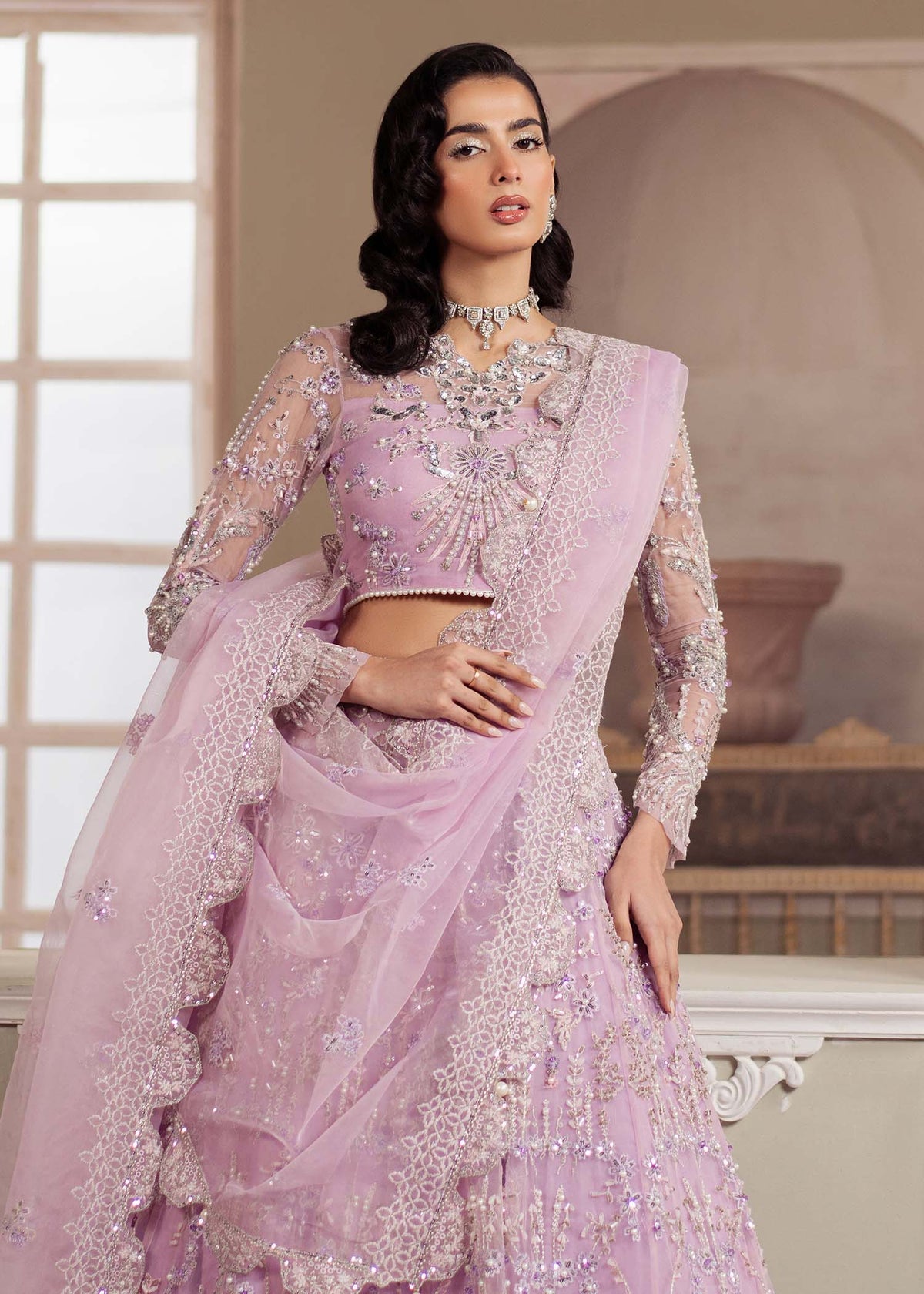 Lustre, made by MAIRAZ — lilac lehenga choli, blouse embroidery detail