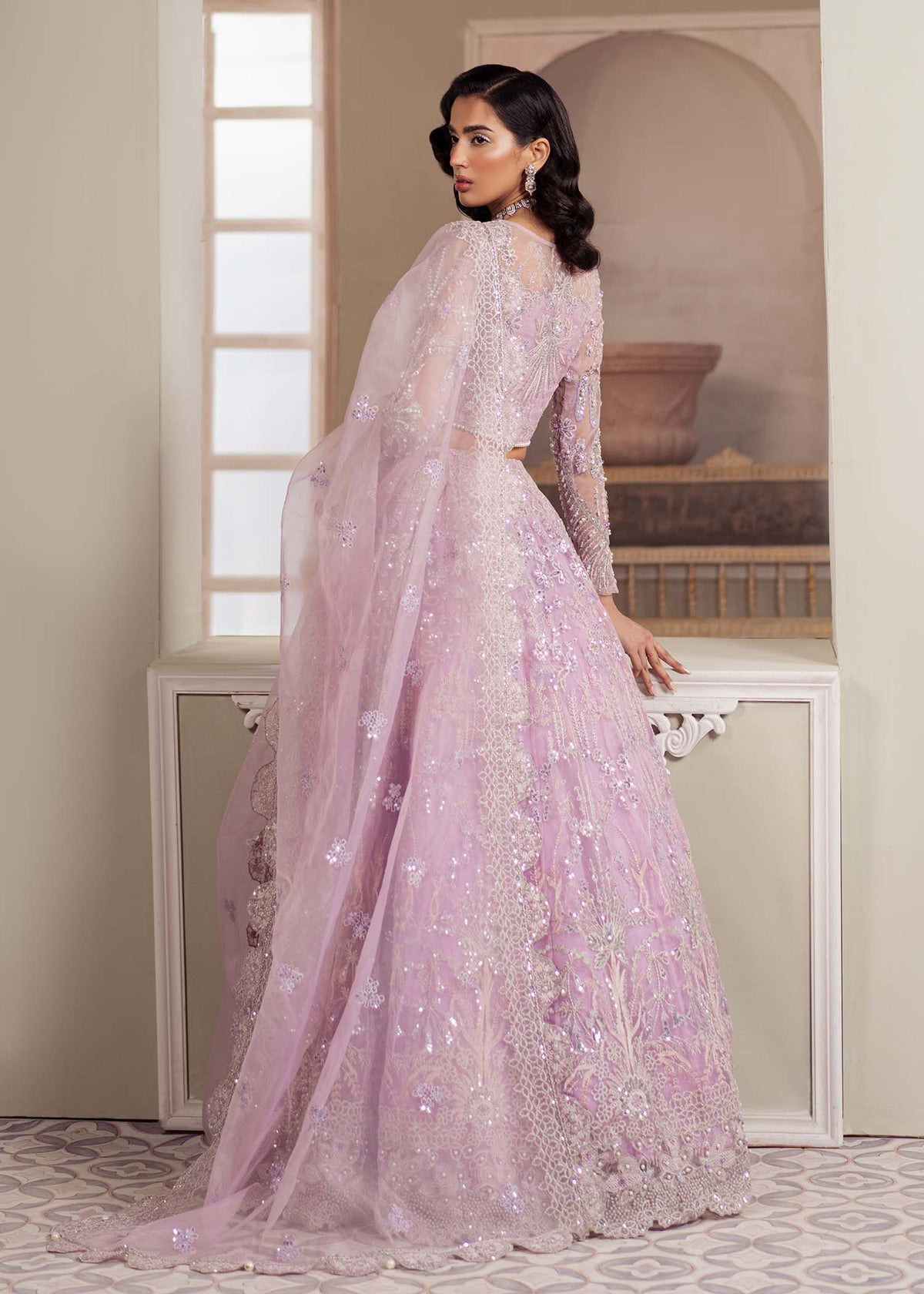 Lustre, made by MAIRAZ — lilac lehenga choli, rear view