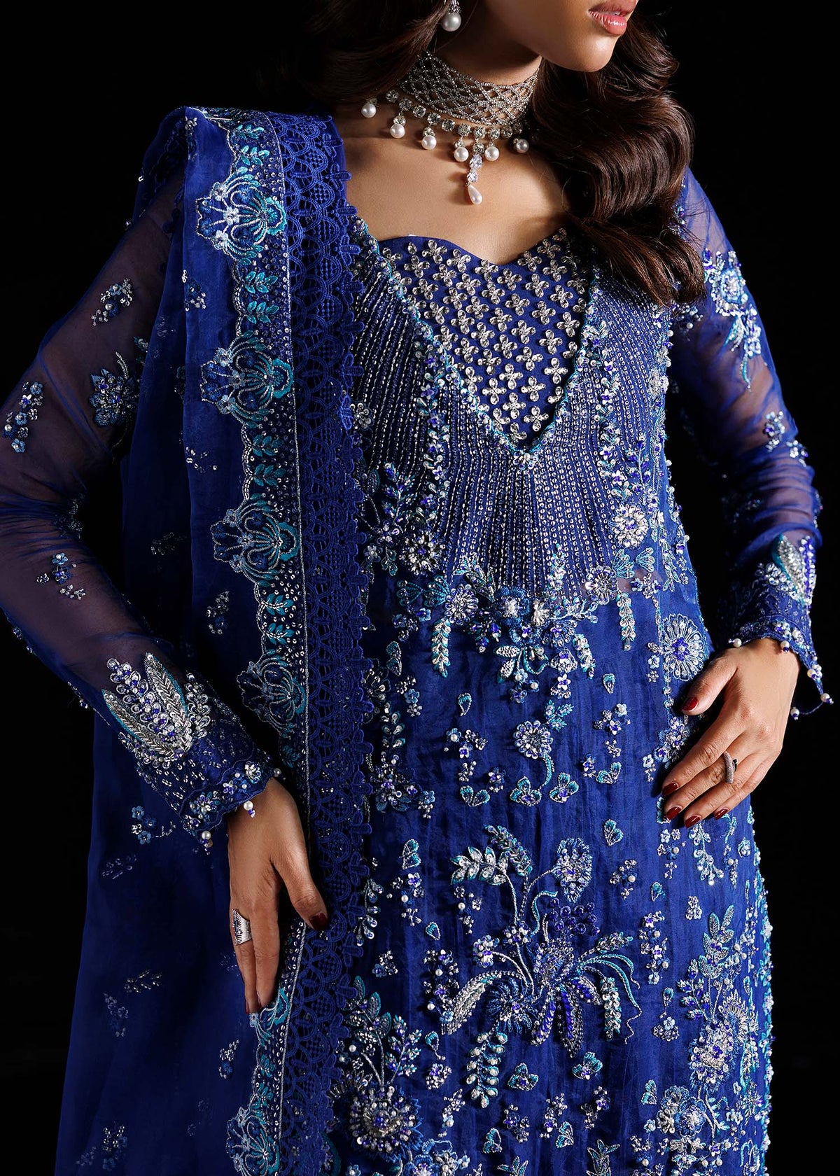 Melia, made by MAIRAZ — royal blue long shirt, neckline and bodice embroidery detail