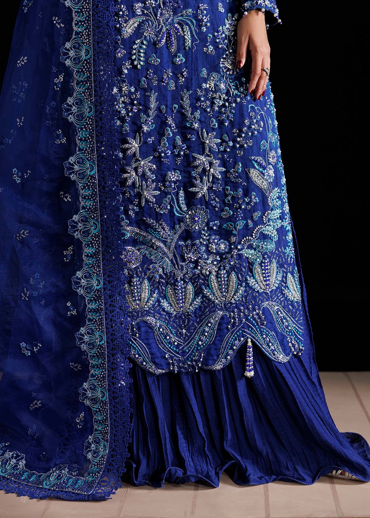 Melia, made by MAIRAZ — royal blue long shirt, front hem and trouser detail