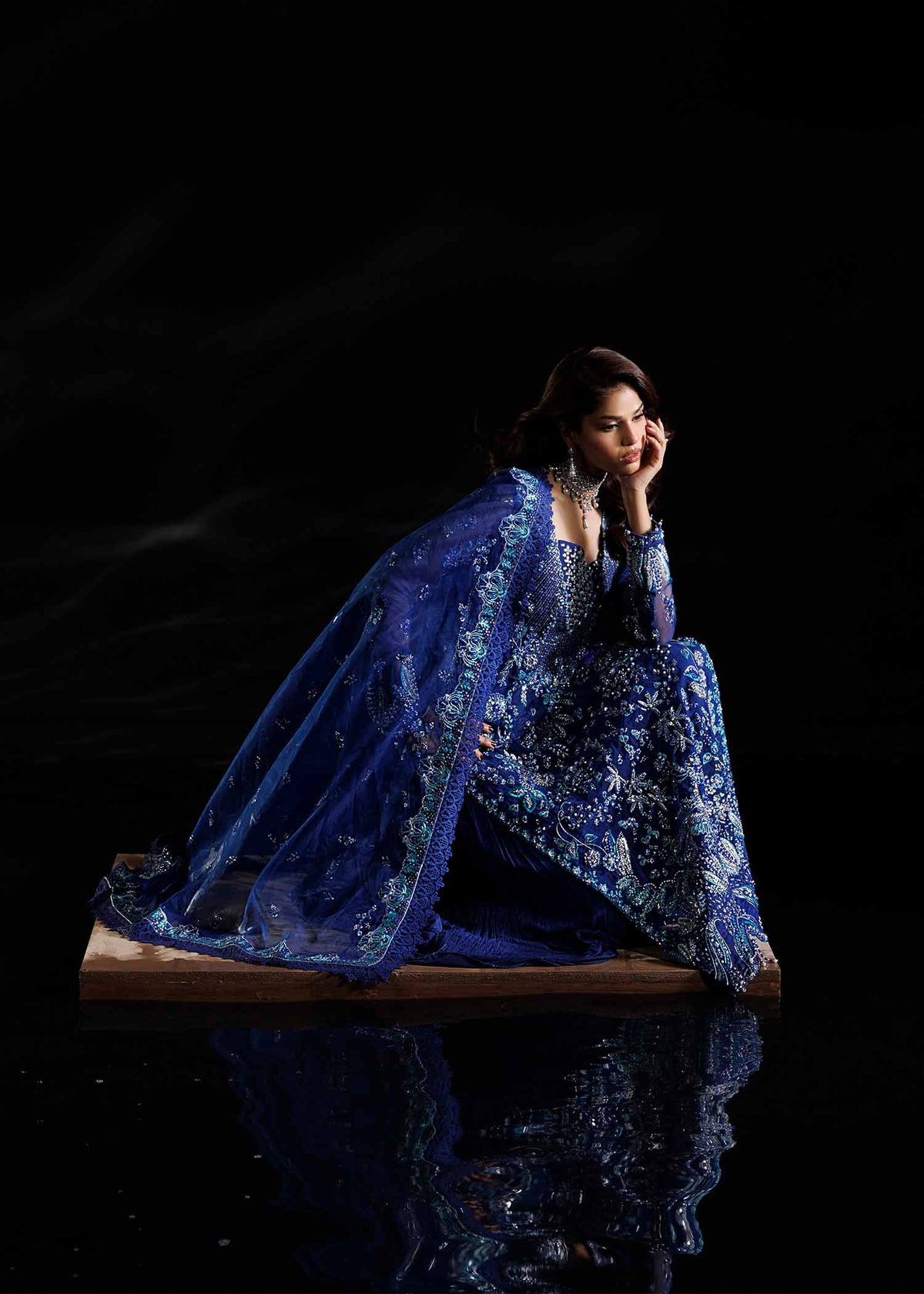 Melia, made by MAIRAZ — royal blue long shirt, seated view with dupatta