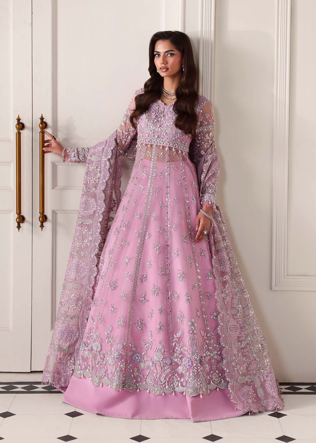 Reverie, made by MAIRAZ — lilac pishwas, full-length front view