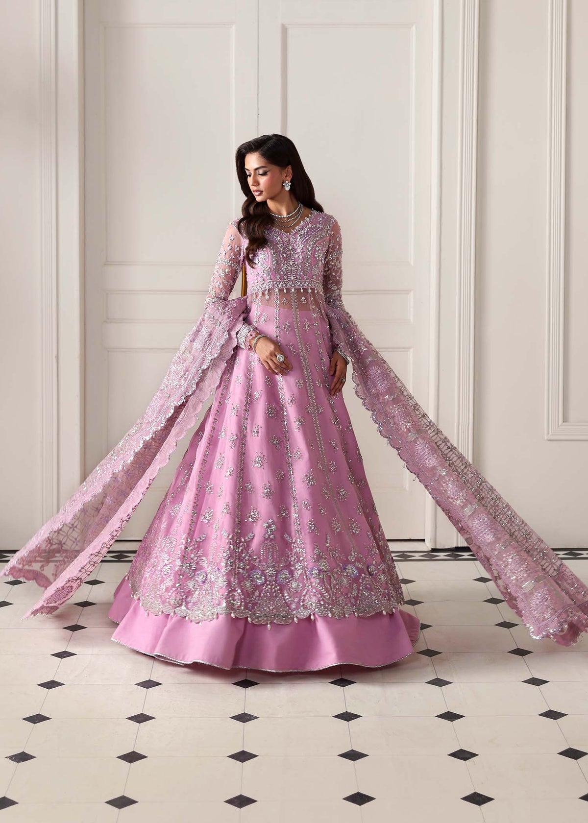 Reverie, made by MAIRAZ — lilac pishwas, full-length skirt flare view