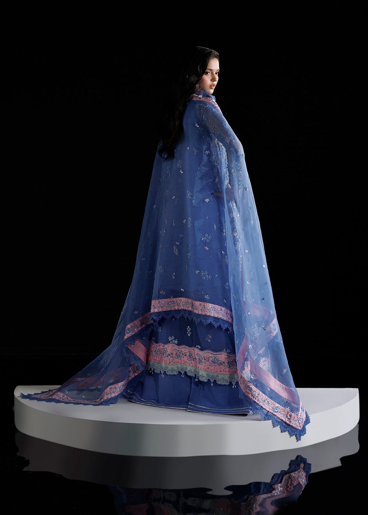 Rosalia, made by MAIRAZ — maya blue long shirt, rear view with dupatta