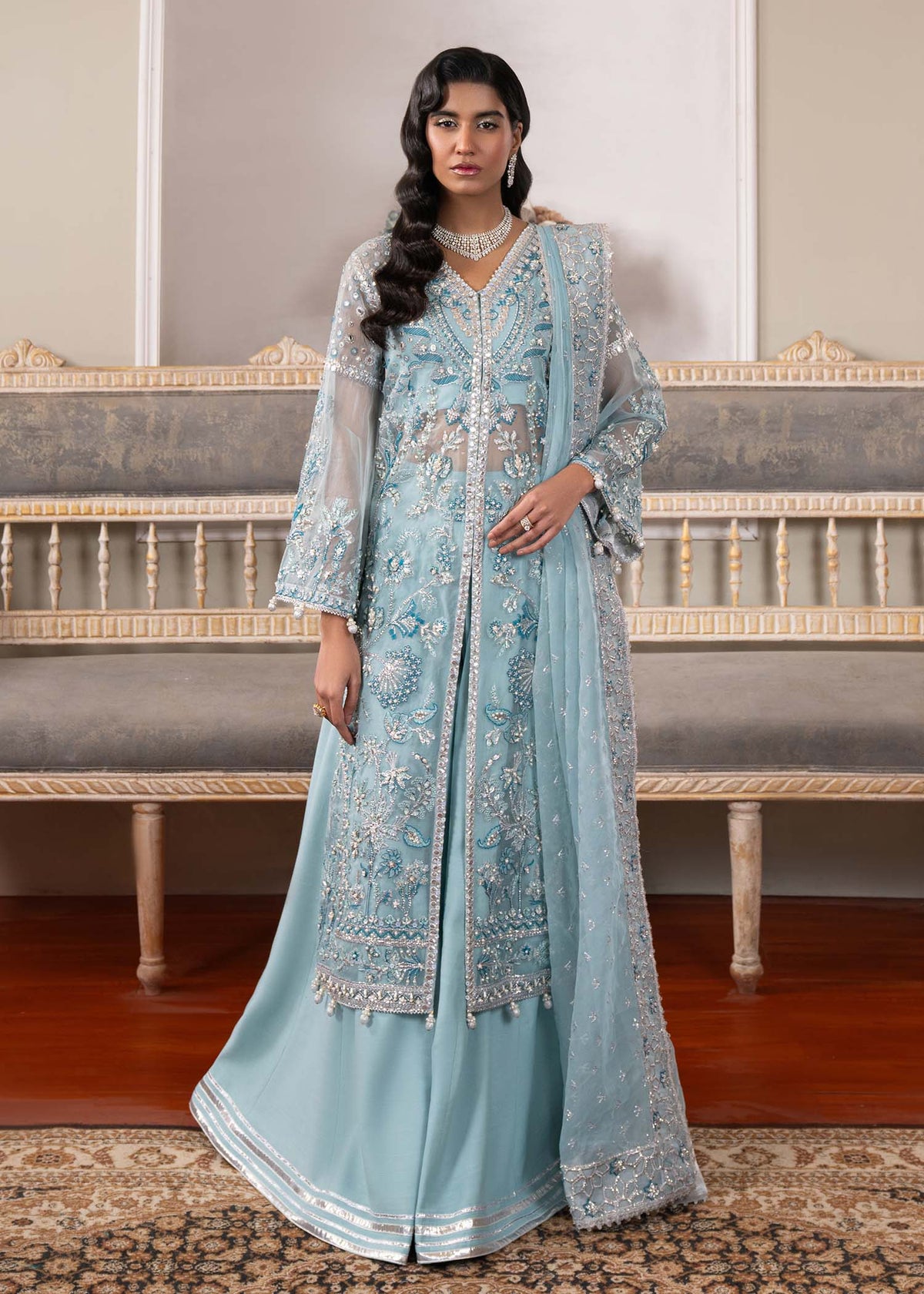 Starlight, made by MAIRAZ — ice blue long shirt, full-length front view