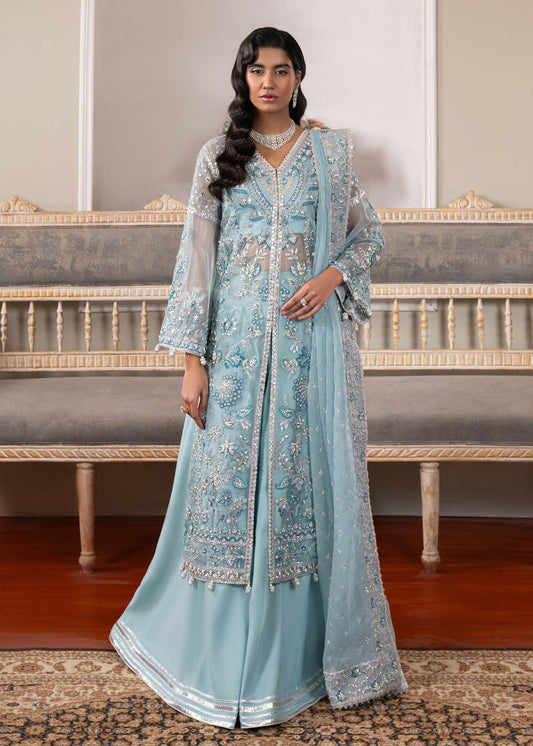 Starlight, made by MAIRAZ — ice blue long shirt, full-length front view