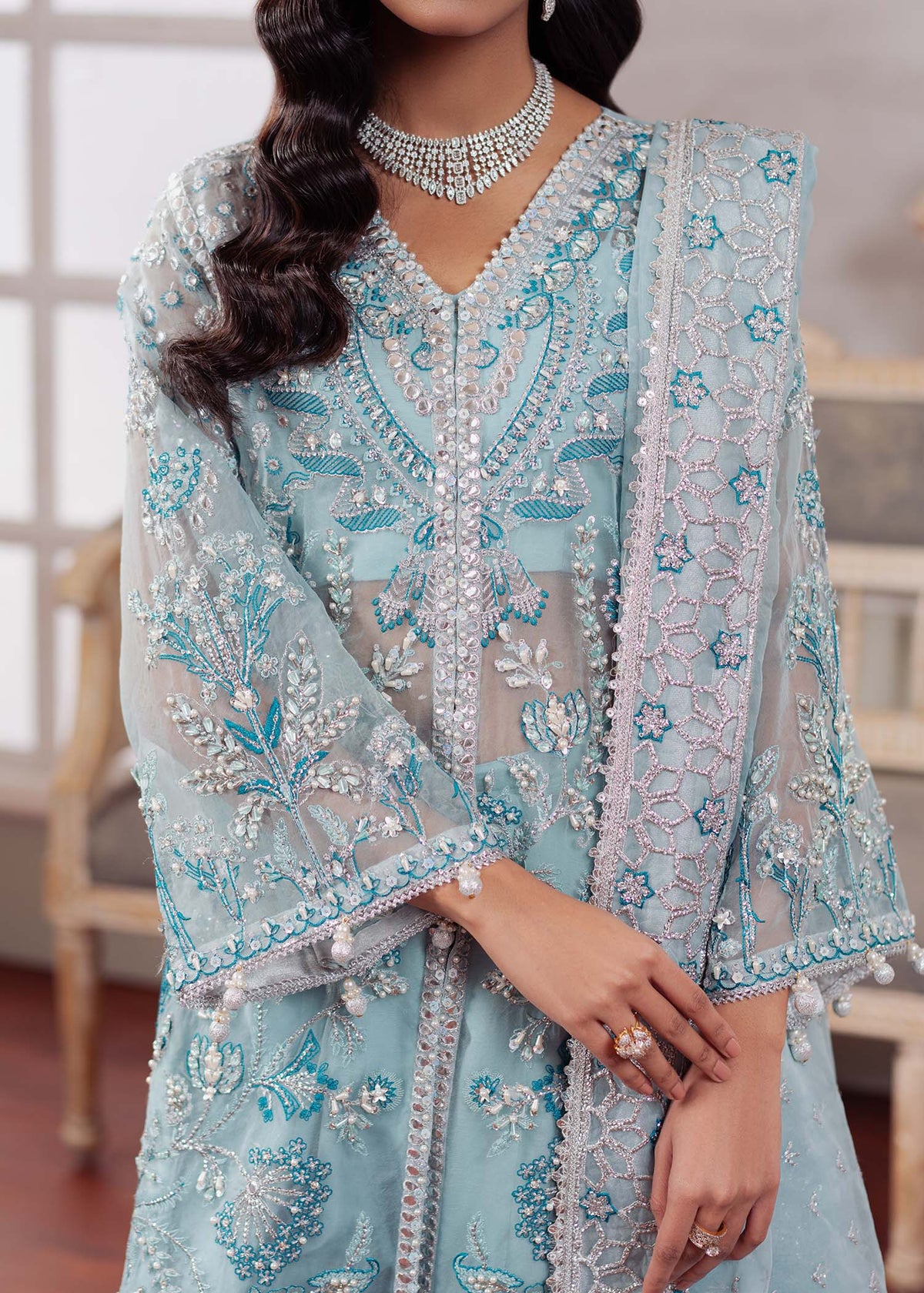 Starlight, made by MAIRAZ — ice blue long shirt, neckline and sleeve embroidery detail