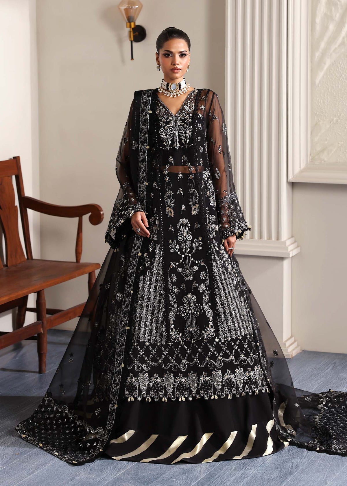Stella, made by MAIRAZ — midnight black pishwas, full-length front view