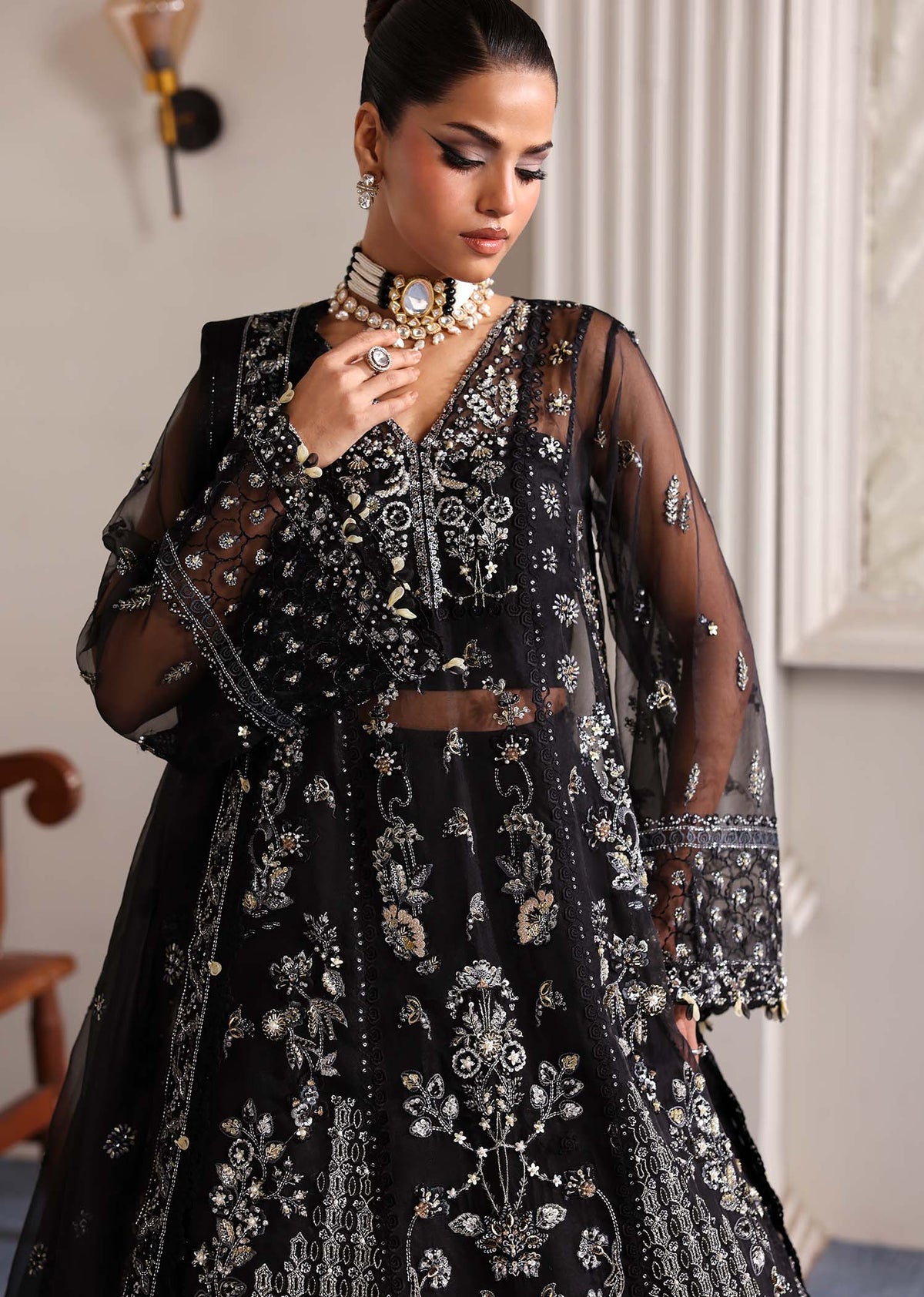 Stella, made by MAIRAZ — midnight black pishwas, bodice and sleeve embroidery detail