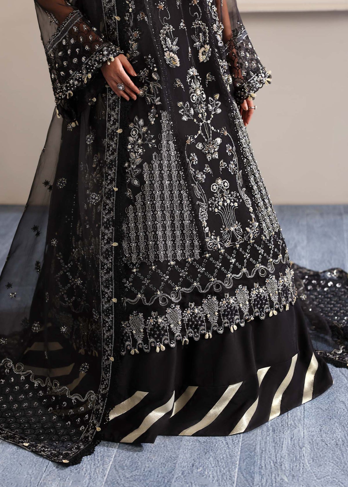 Stella, made by MAIRAZ — midnight black pishwas, hem and lower detail