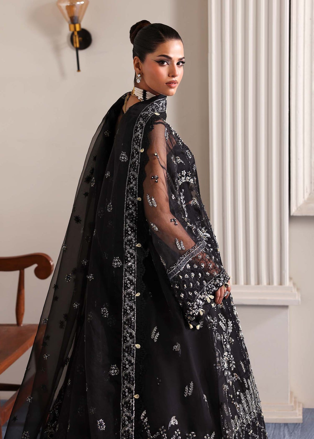 Stella, made by MAIRAZ — midnight black pishwas, rear view