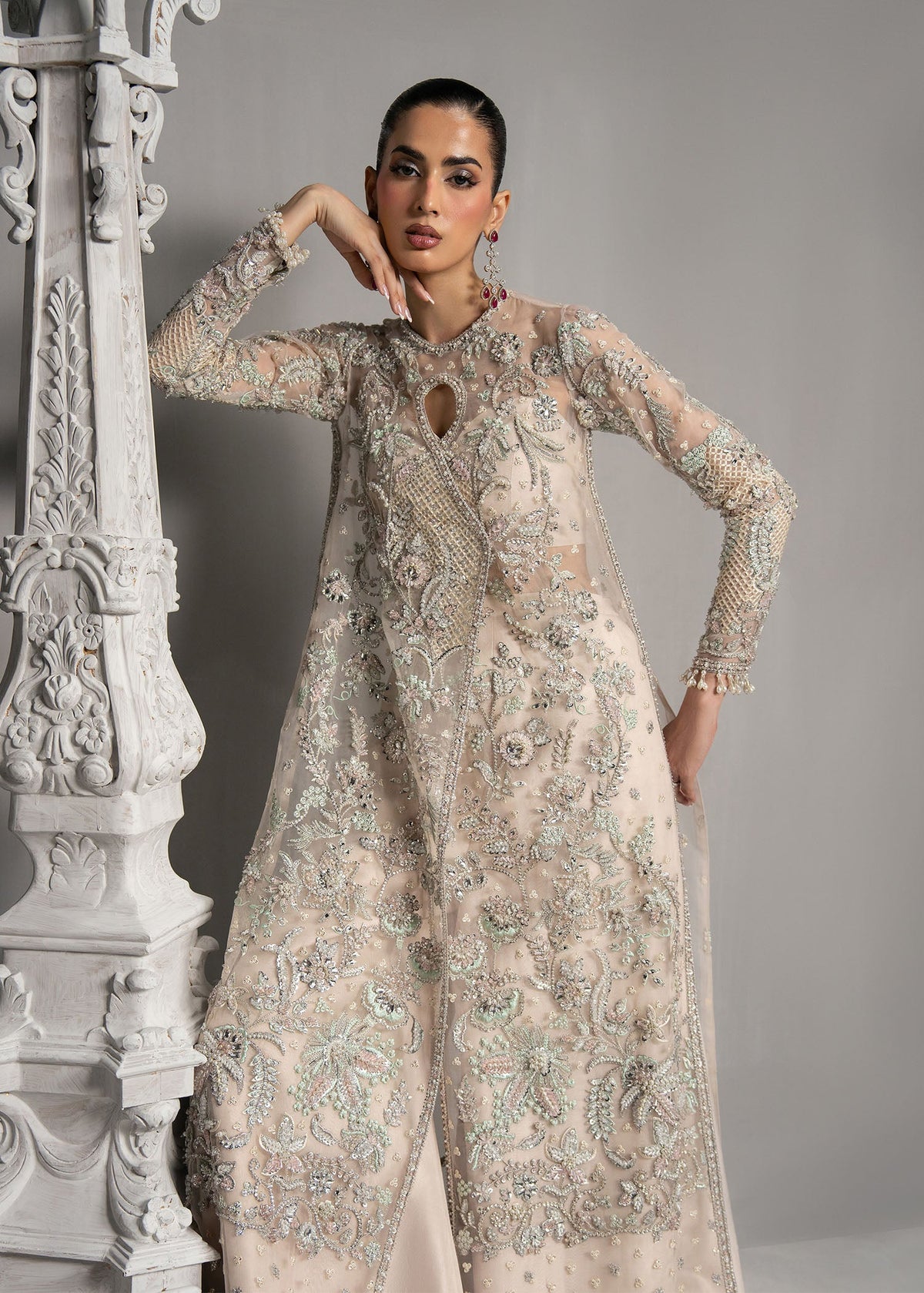Delina champagne ivory open shirt with flared bottom, reference outfit photograph 10 — Made by Mairaz reproduction