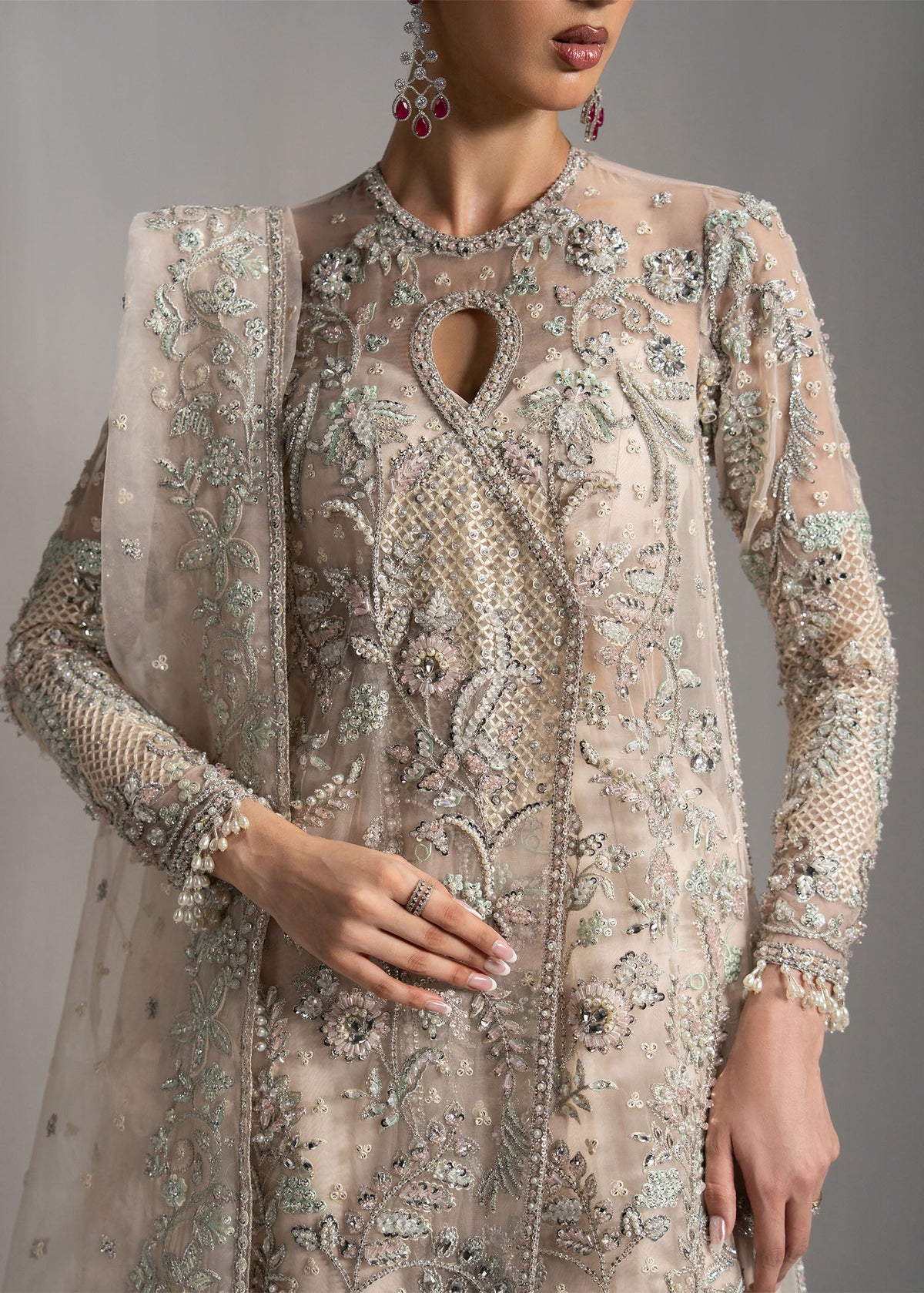Delina champagne ivory open shirt with flared bottom, reference outfit photograph 3 — Made by Mairaz reproduction