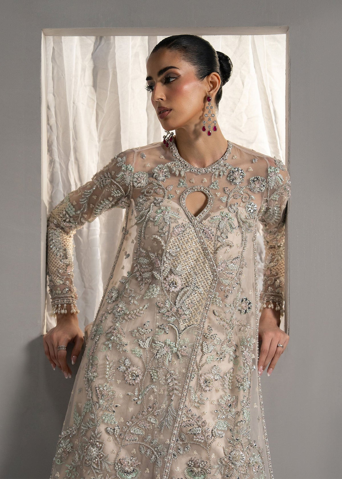 Delina champagne ivory open shirt with flared bottom, reference outfit photograph 5 — Made by Mairaz reproduction