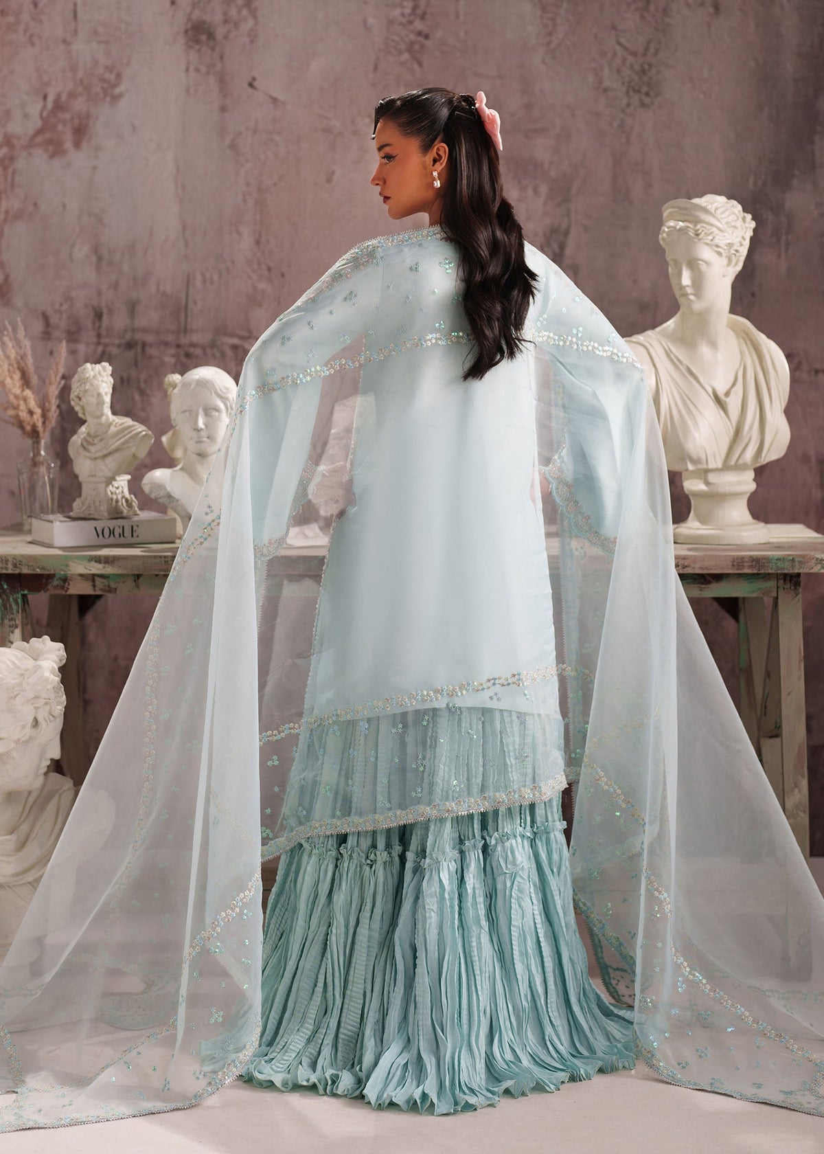 Diana ice blue crushed-trouser suit, reference outfit photograph 10 — Made by Mairaz reproduction